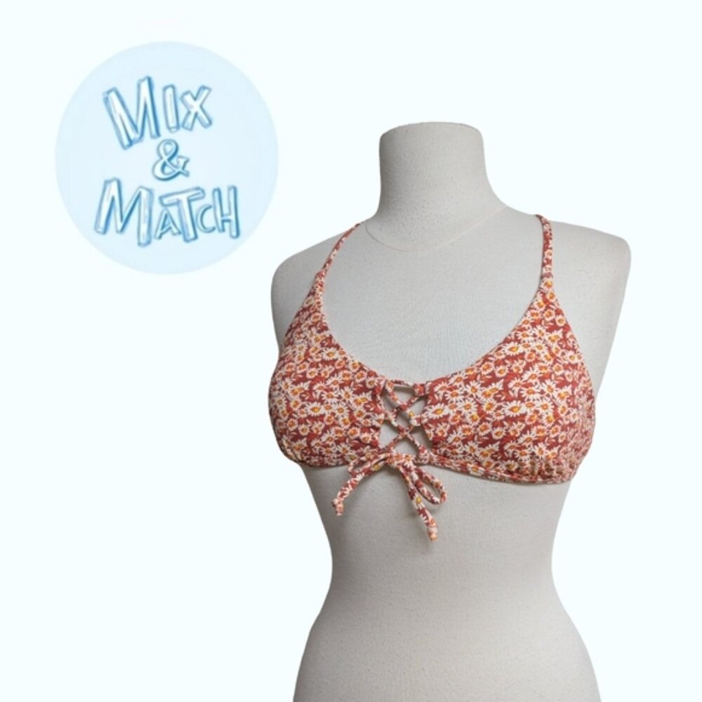 Daisies Print Bikini Top - Lace Up Front, Criss-cross Back - Orange